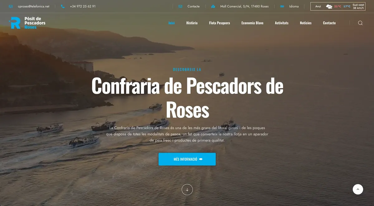 Portada del nou web de la Confraria de Pescadors de Roses en un ordinador